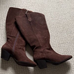 Duo Wide Calf Chocolate Suede Heeled Boots